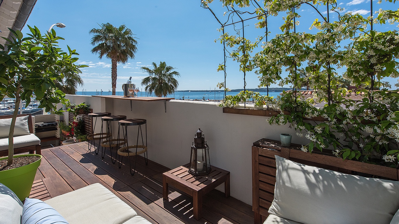 Large terrace with plants and sea view